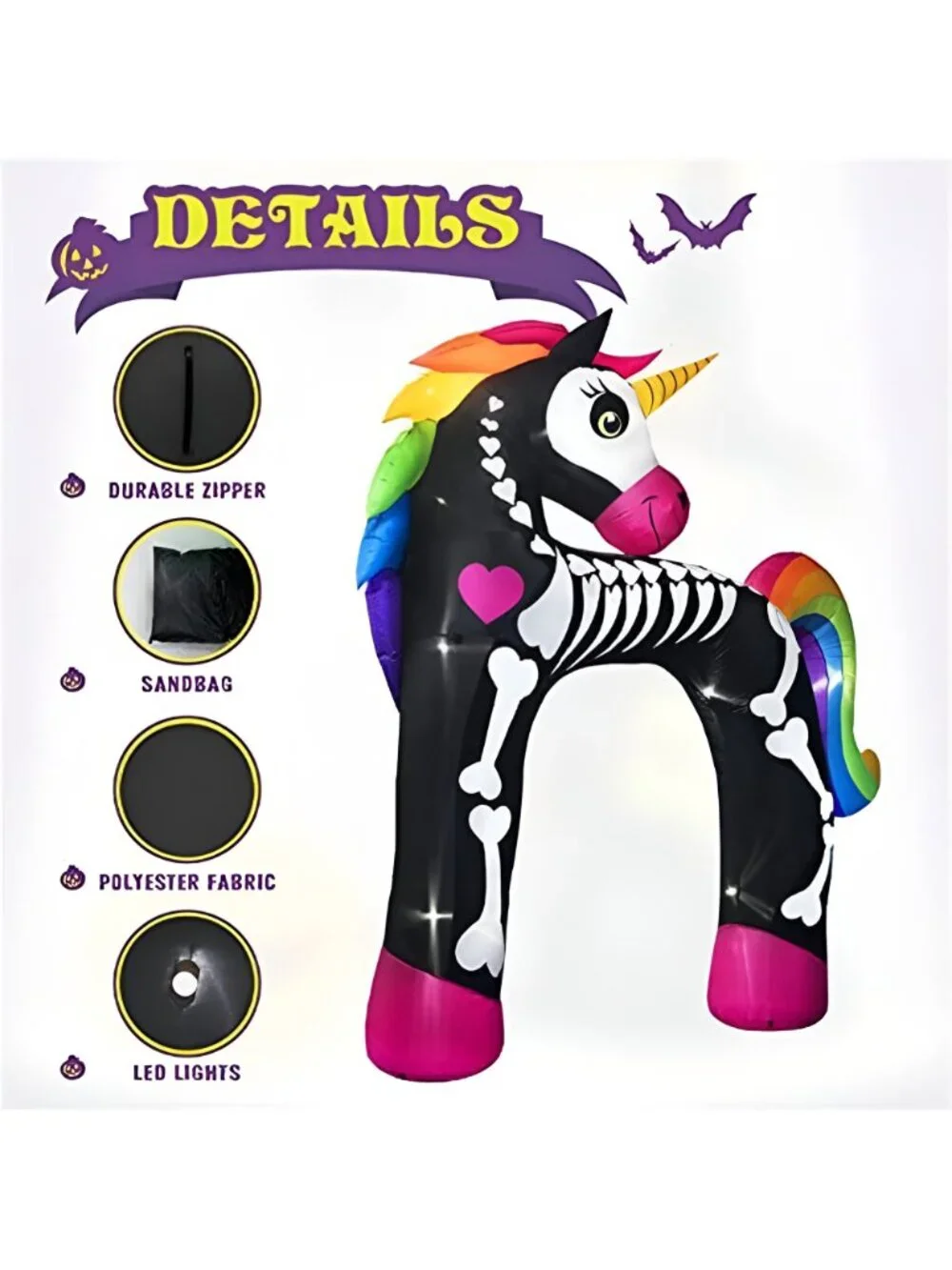 11FT Giant Halloween Inflatables Arch, Rainbow Skeleton Unicorn Decoration